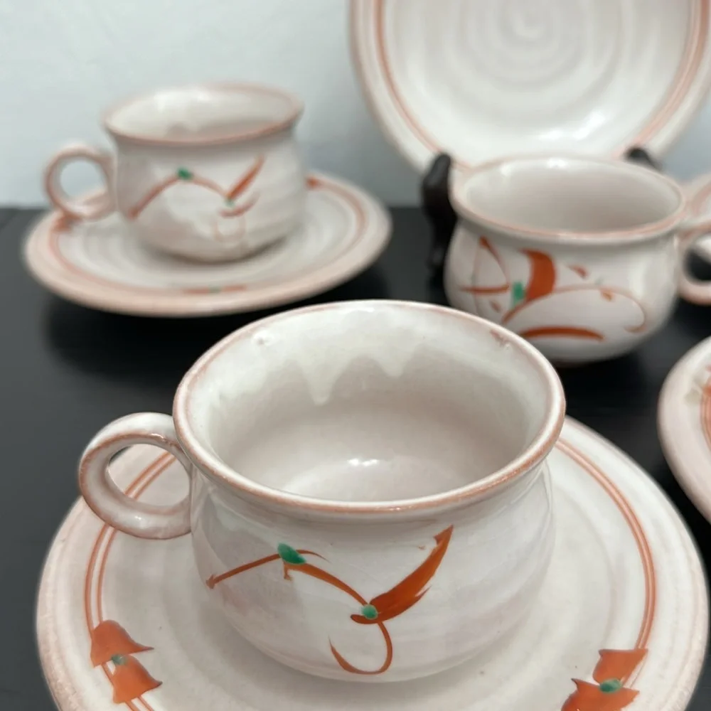 Rare Tachikichi Japanese Pottery Cup & Saucer Set of 5 Vintage In Box